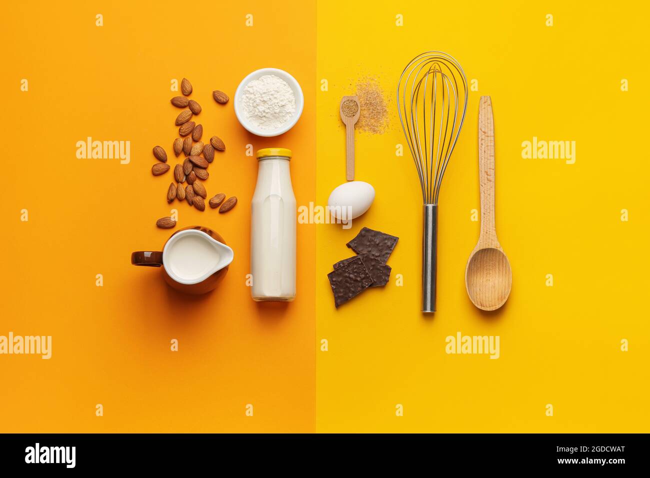 Ingredients for preparing bakery and kitchen utensils on color ...