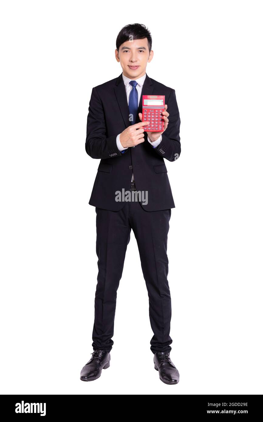 Young businessman pointing to calculator.Isolated on white background. Stock Photo