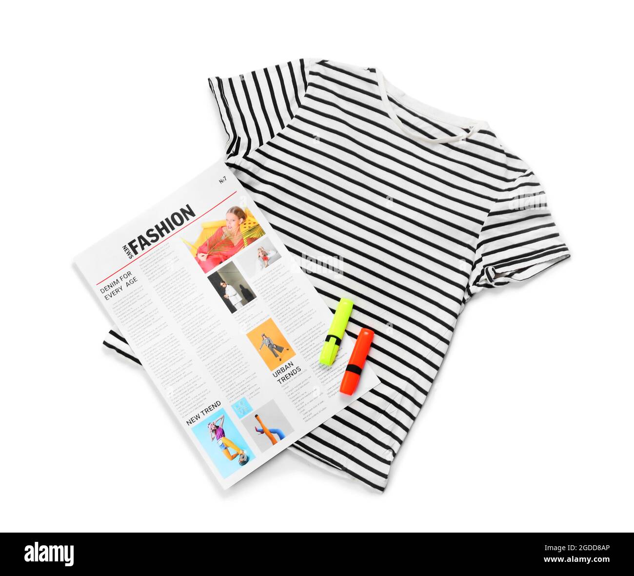 Stylish t-shirt, newspaper and markers on white background Stock Photo ...
