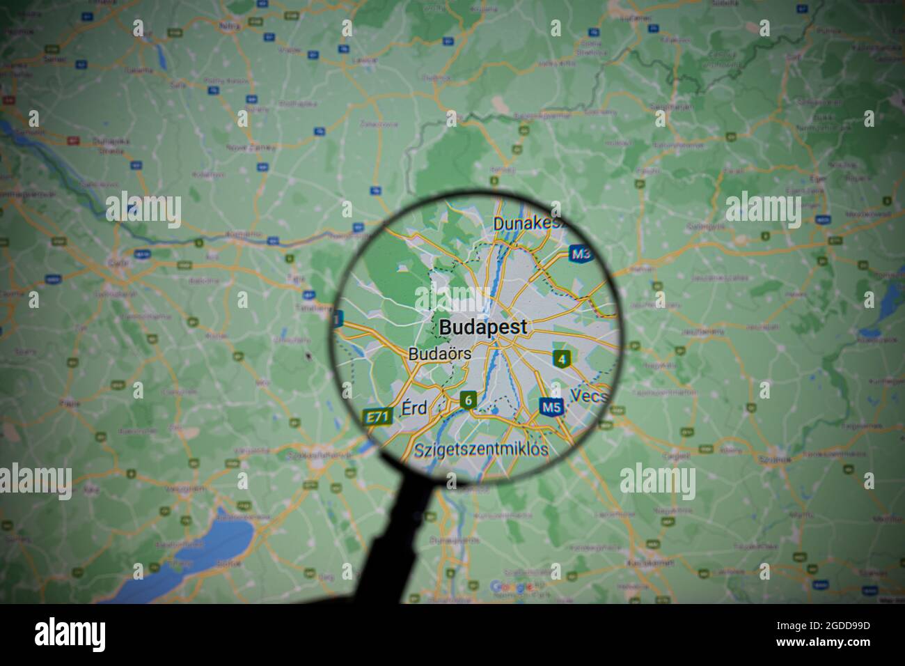 view of the city of Budapest, capital of Hungary, through a magnifying glass on Google Maps Stock Photo