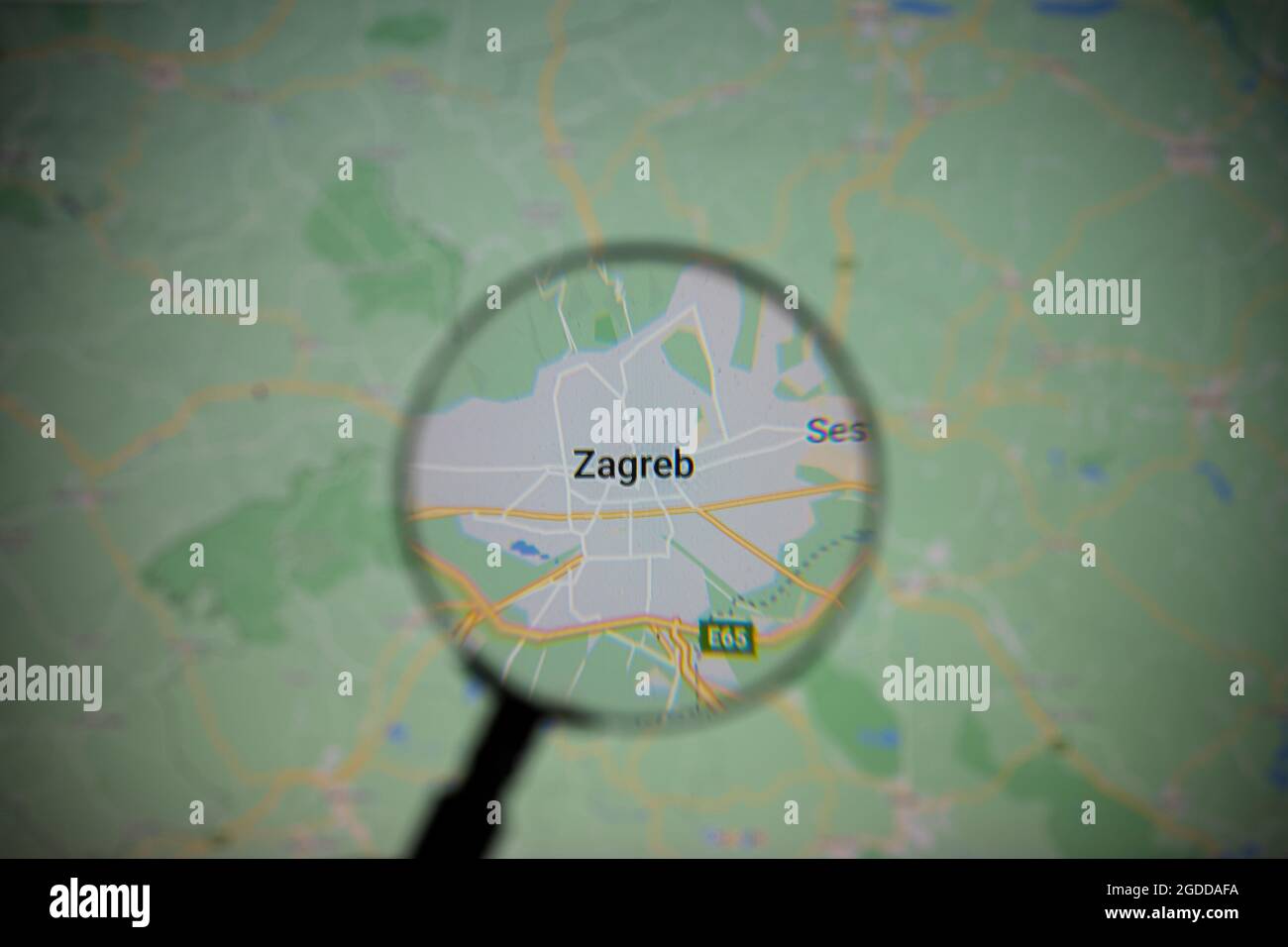 view of the city of Zagreb, capital of Croatia, through a magnifying glass on Google Maps Stock 