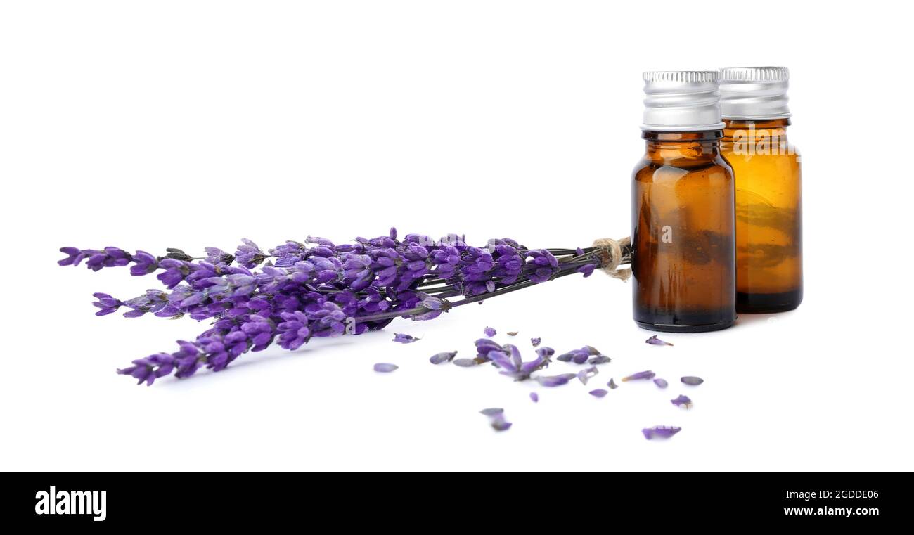 Bottles of lavender essential oil and flowers on white background Stock ...