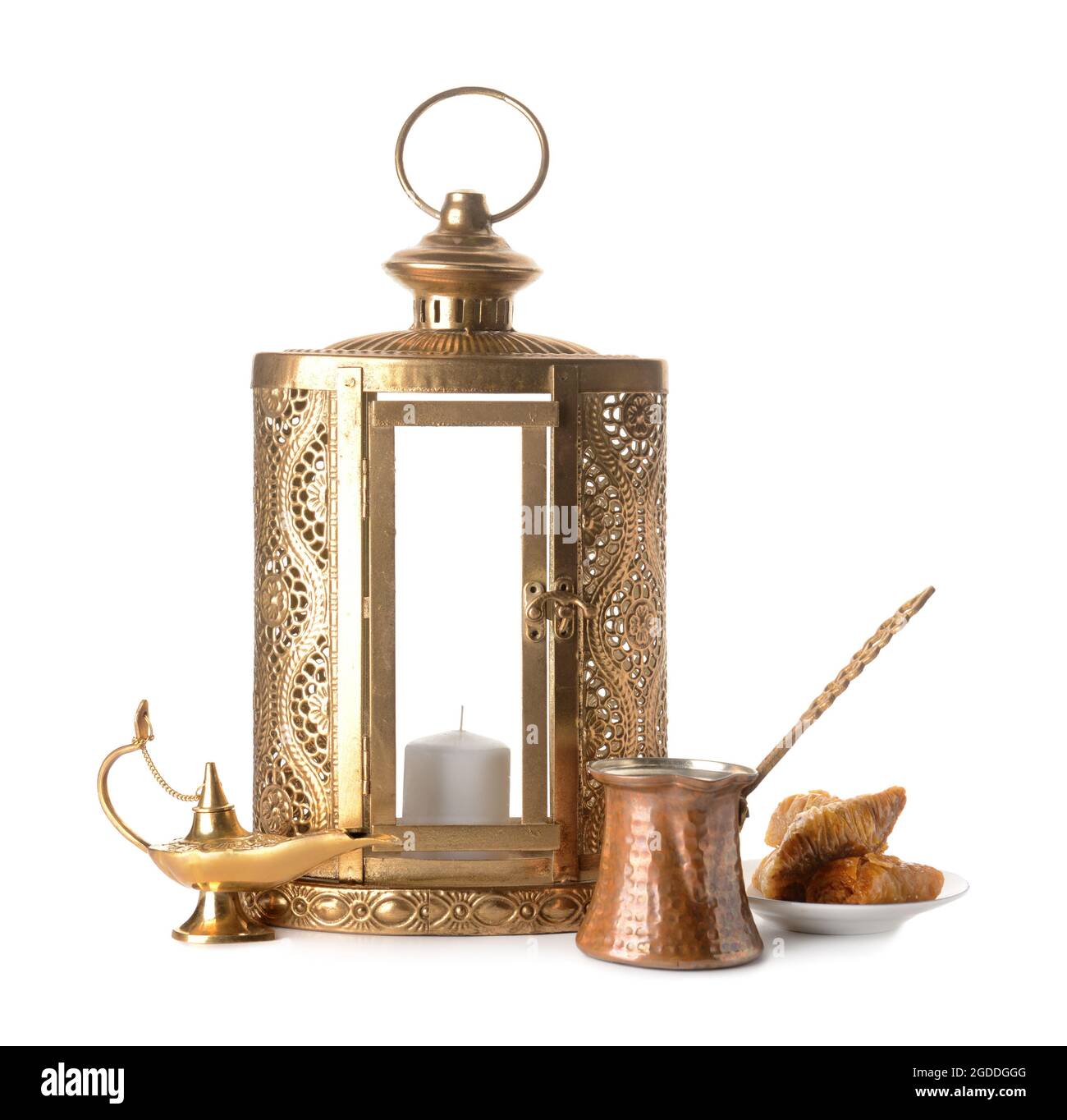 Muslim lantern with Aladdin lamp, coffee and Turkish sweets on white background Stock Photo