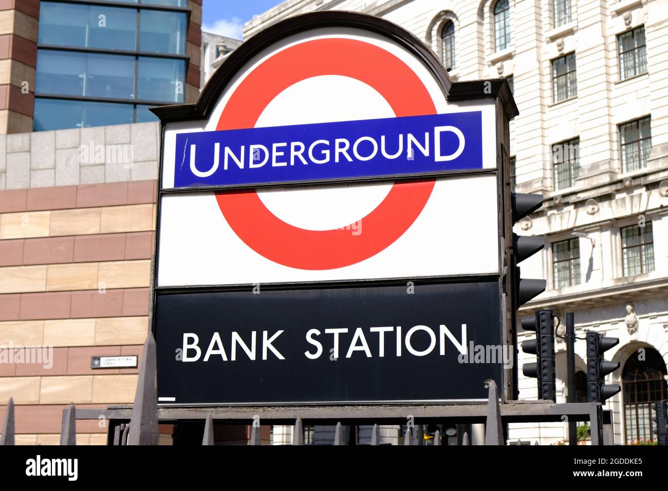 London Underground roundel sign outside Bank Station in the City of London. Stock Photo