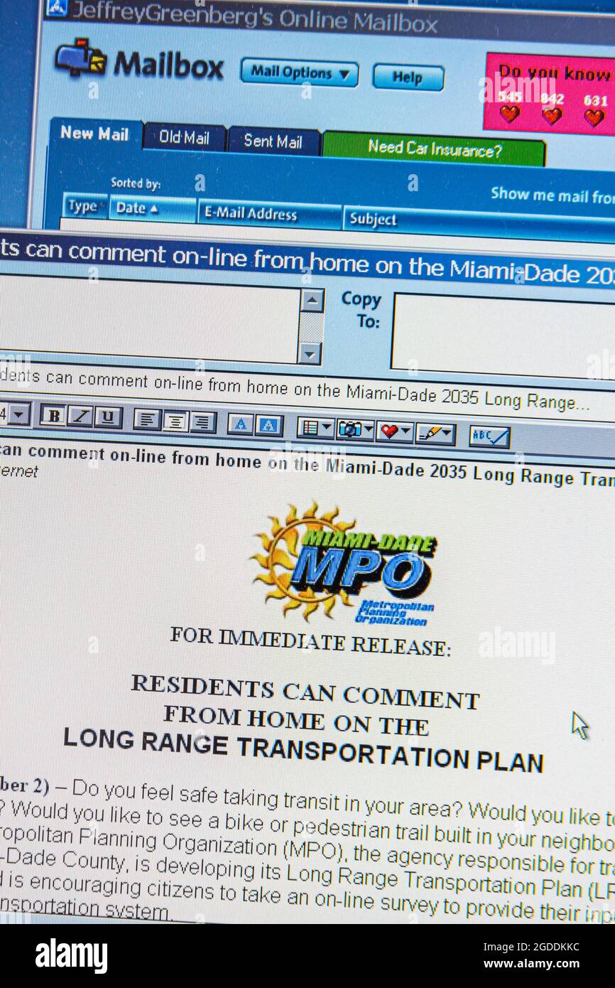Miami Florida,Dade MPO Metropolitan Planning Organization,computer monitor screen press release long range transportation plan,community city governme Stock Photo