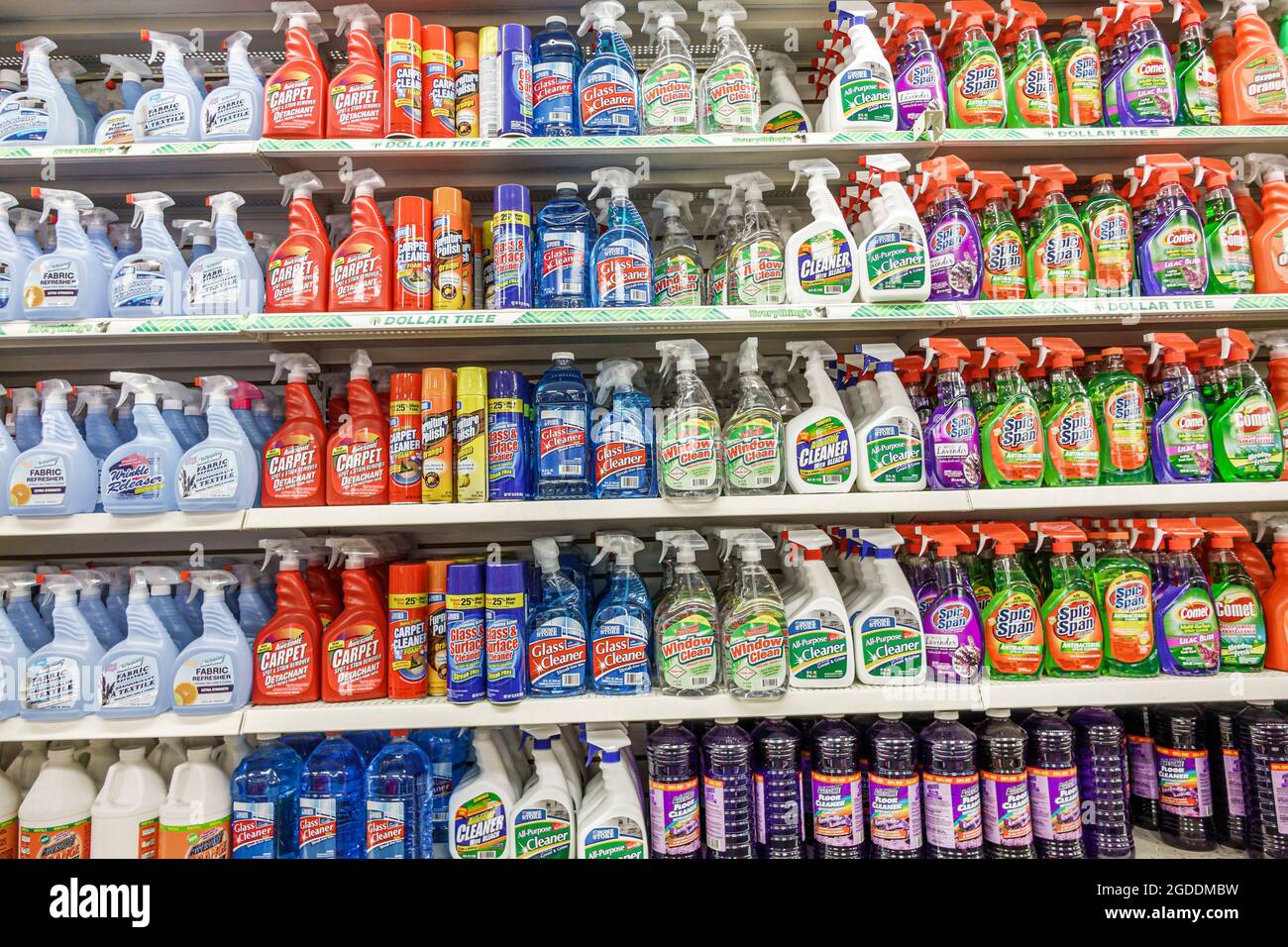 Florida Naples Dollar Tree discount store display sale cleaning products,carpet glass all-purpose cleaner Spic & Span spray bottles,shelves interior i Stock Photo
