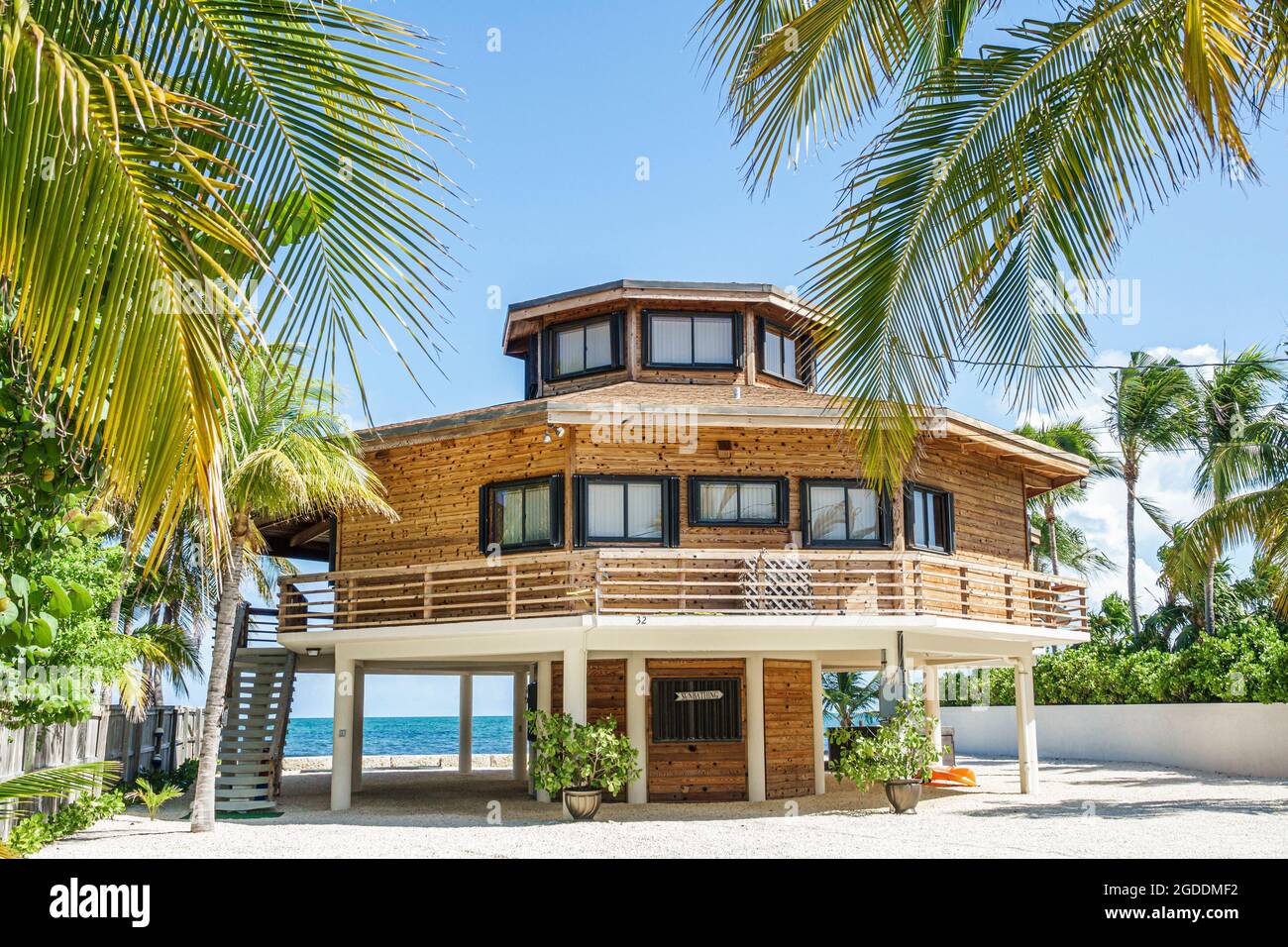 Florida Upper Florida Keys Tavernier,oceanfront octagon house home residence stilts architecture, Stock Photo