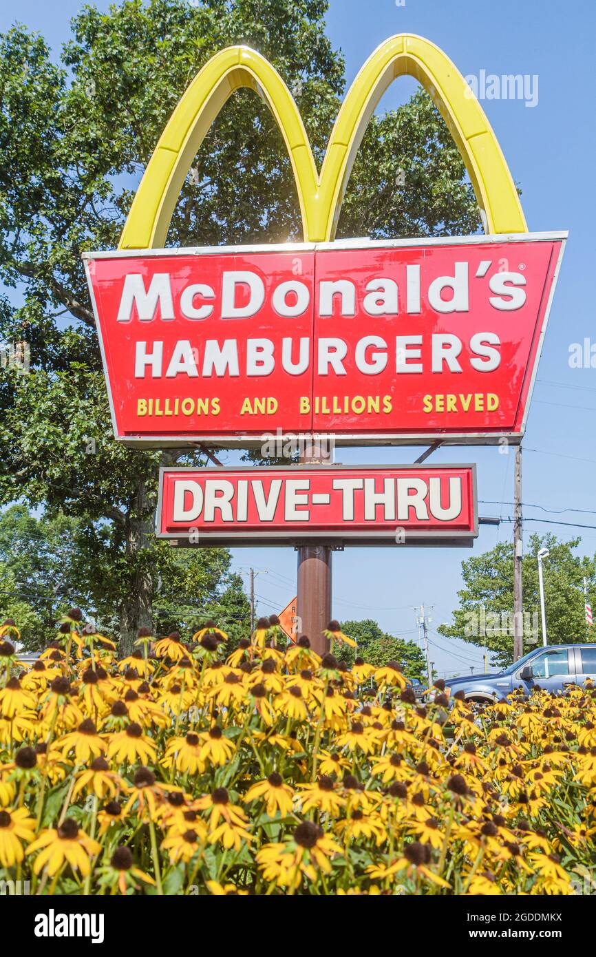 Massachusetts Cape Cod Hyannis,McDonald's Hamburgers fast food restaurant sign golden arches drive thru, Stock Photo