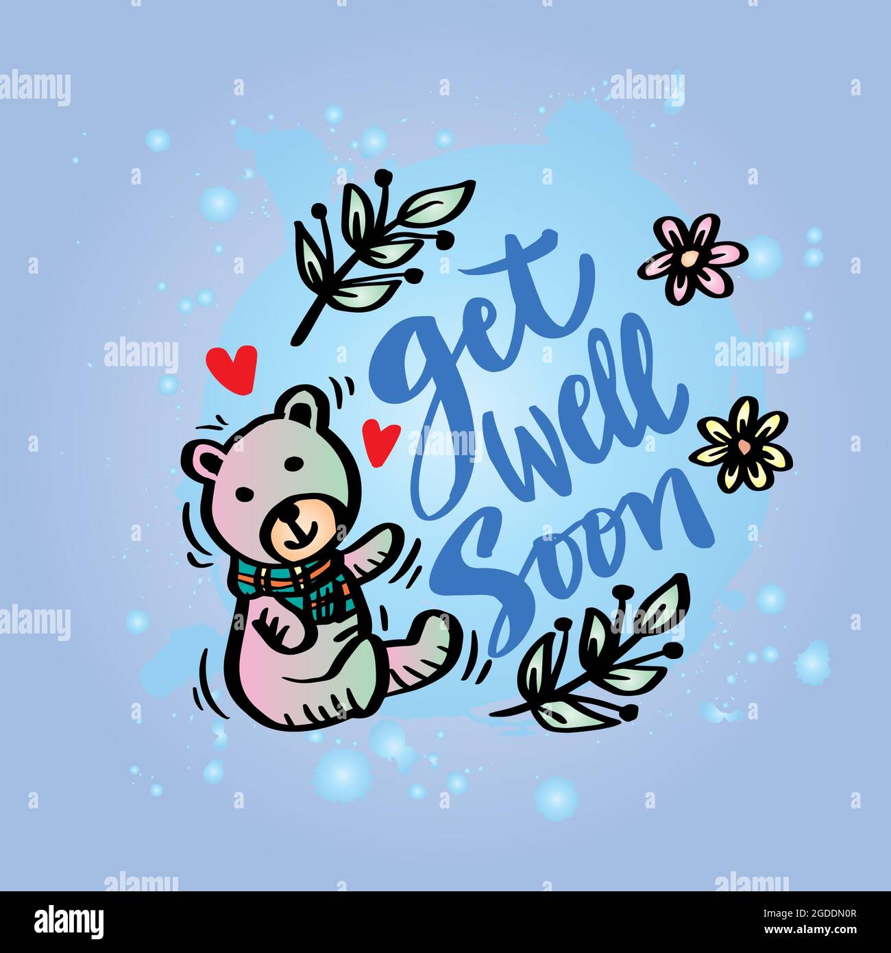 Get well soon hand lettering with cute bear. Motivational quote