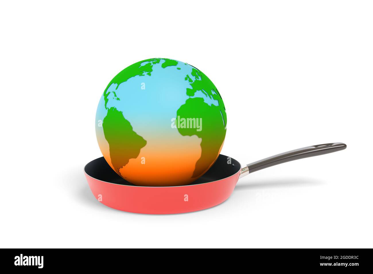 Planet earth heating up in a frying pan isolated on white background. Global warming concept. 3d illustration. Stock Photo