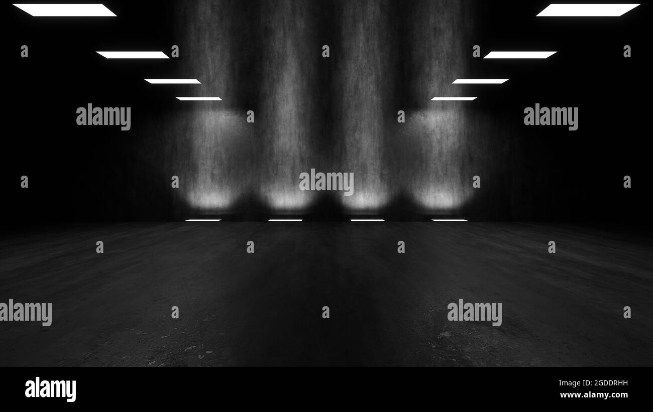 A dark hall lit by white neon lights. Reflections on the floor and ...