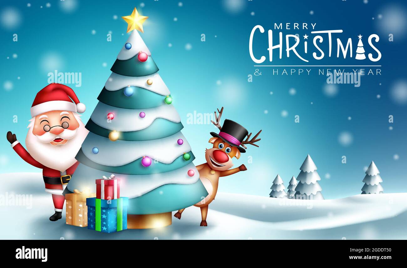 Christmas characters vector design. Merry christmas greeting text with santa claus and reindeer character waving behind xmas tree for outdoor snowy Stock Vector Image & Art - Alamy Christmas characters vector design. Merry christmas greeting text with santa claus and reindeer character waving behind xmas tree for outdoor snowy Stock Vector Image & Art - Alamy