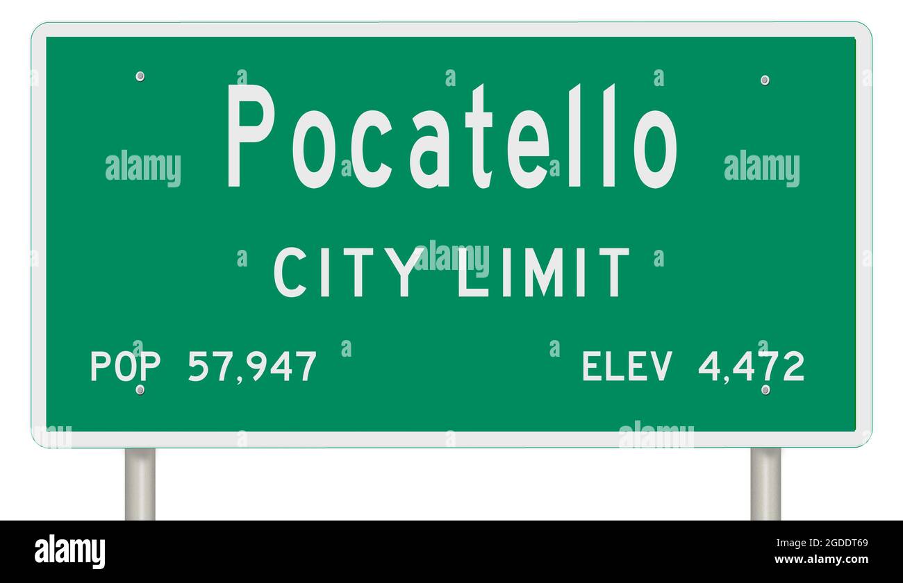 Rendering of a green highway sign with city information Stock Photo