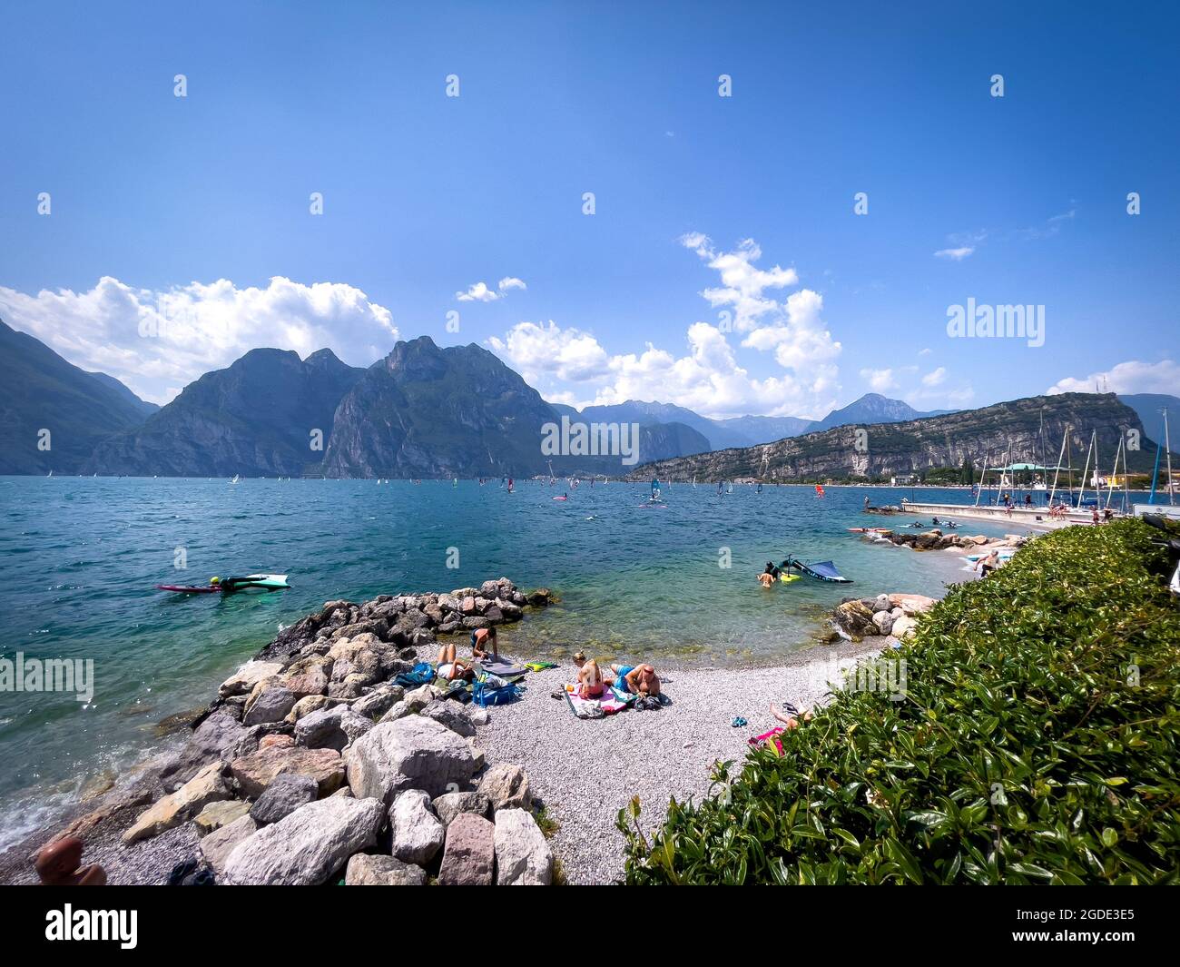 a panoramic view of Lake Garda in the most beautiful summer weather