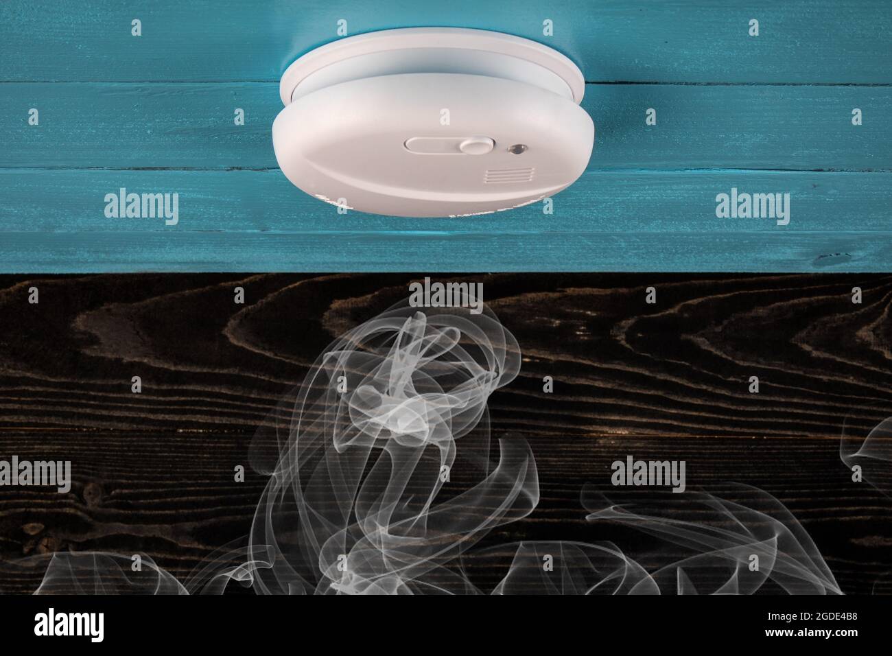 Close up smoke detector on a wooden ceiling. Smoke, fire alarm Stock ...