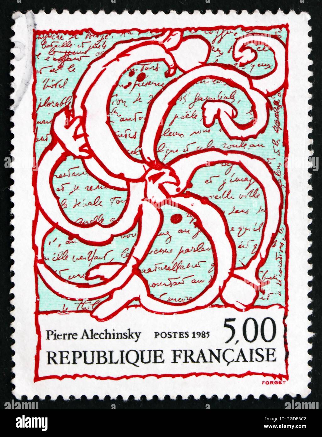 FRANCE - CIRCA 1985: a stamp printed in the France shows Octopus Overlaid on Manuscript, Painting by Pierre Alechinsky, circa 1985 Stock Photo
