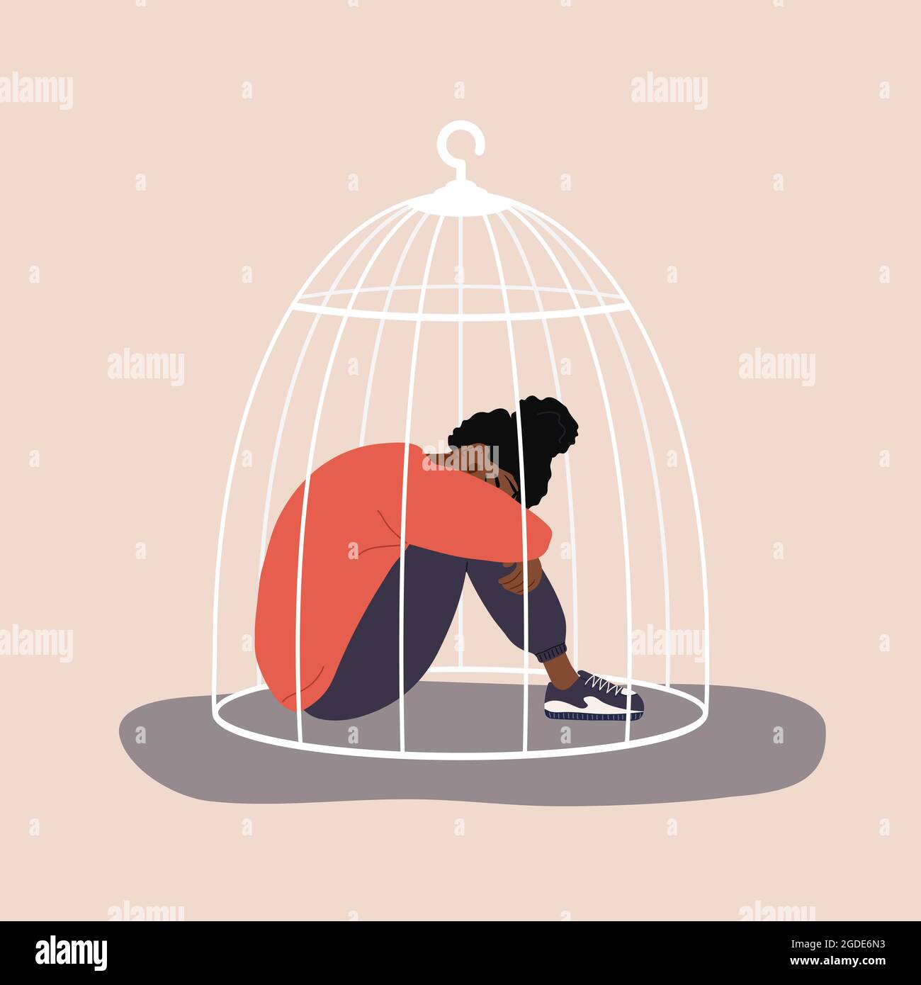 African locked in cage. Sad girl needs psychological help. Social isolation concept. Female empowerment movement. Violence in family. Vector Stock Vector