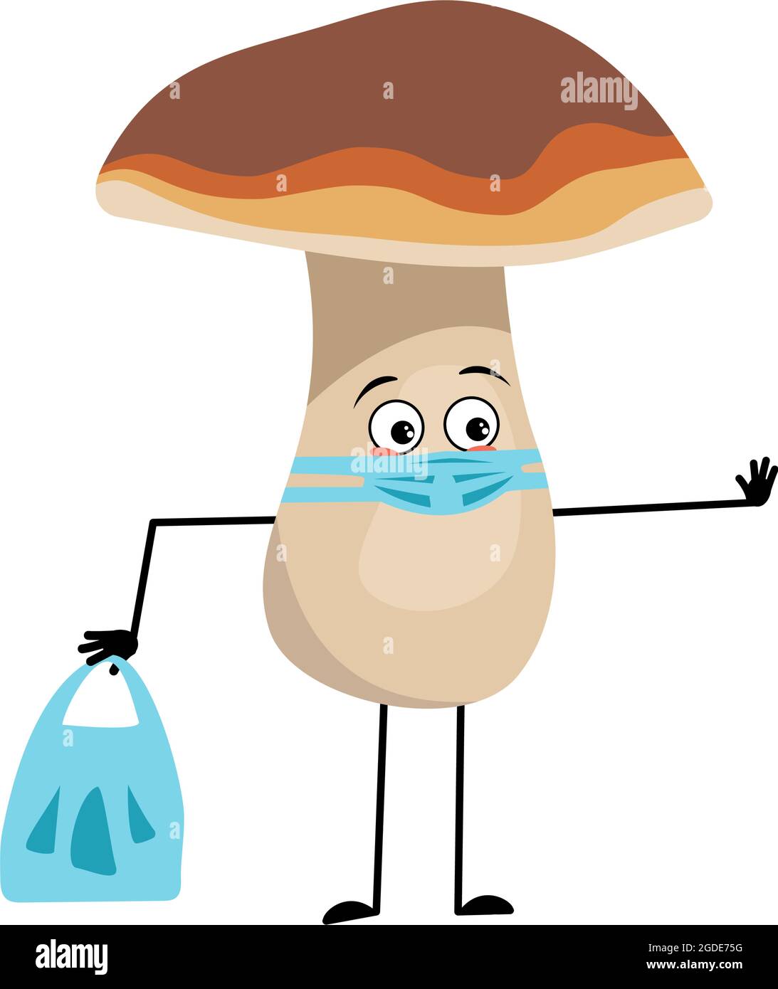 Cute mushroom character with sad emotions, face and mask keep distance, hands with shopping bag and stop gesture. A funny healthy wholesome food, forest plant Stock Vector