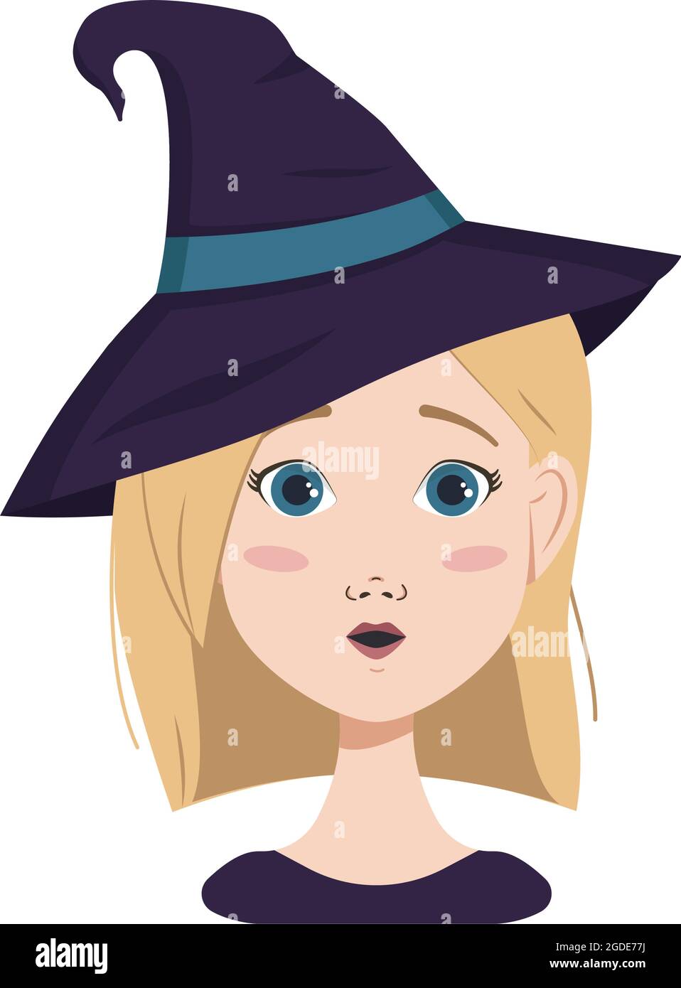 Avatar of a woman with blonde hair and blue eyes, surprise emotions, open eyed face and round mouth wearing a witch hat. Girl in Halloween costume Stock Vector