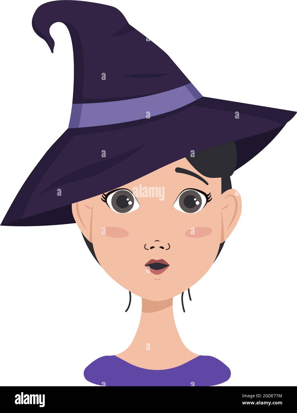 Avatar of asian woman with dark hair, surprise emotions, open eyed face and round mouth, wearing a witch hat. Halloween character in costume Stock Vector