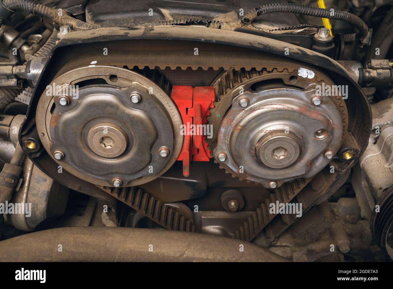 Installed clips on the camshafts before replacing the timing belt Stock Photo Alamy