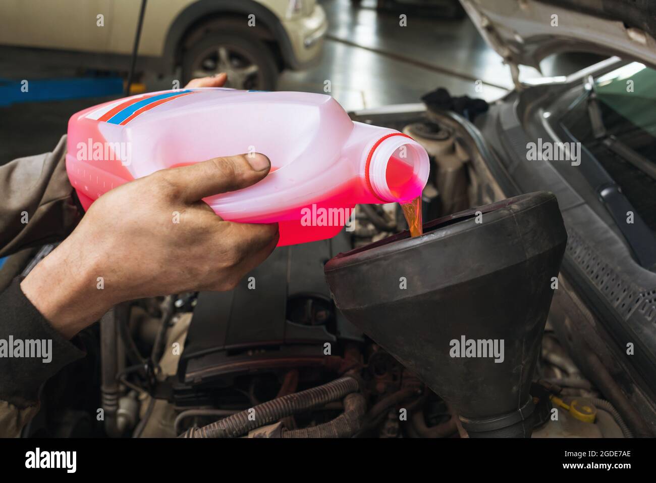 An auto mechanic pours antifreeze into the cooling system of a car engine Stock Photo