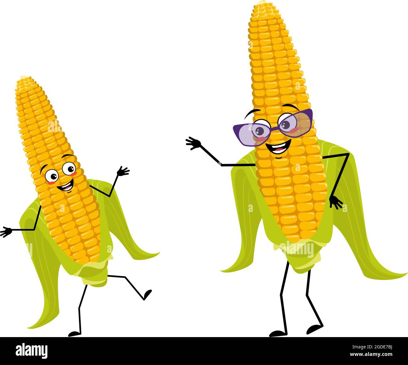 Cute corn cob character with joyful emotions, happy face, smile eyes