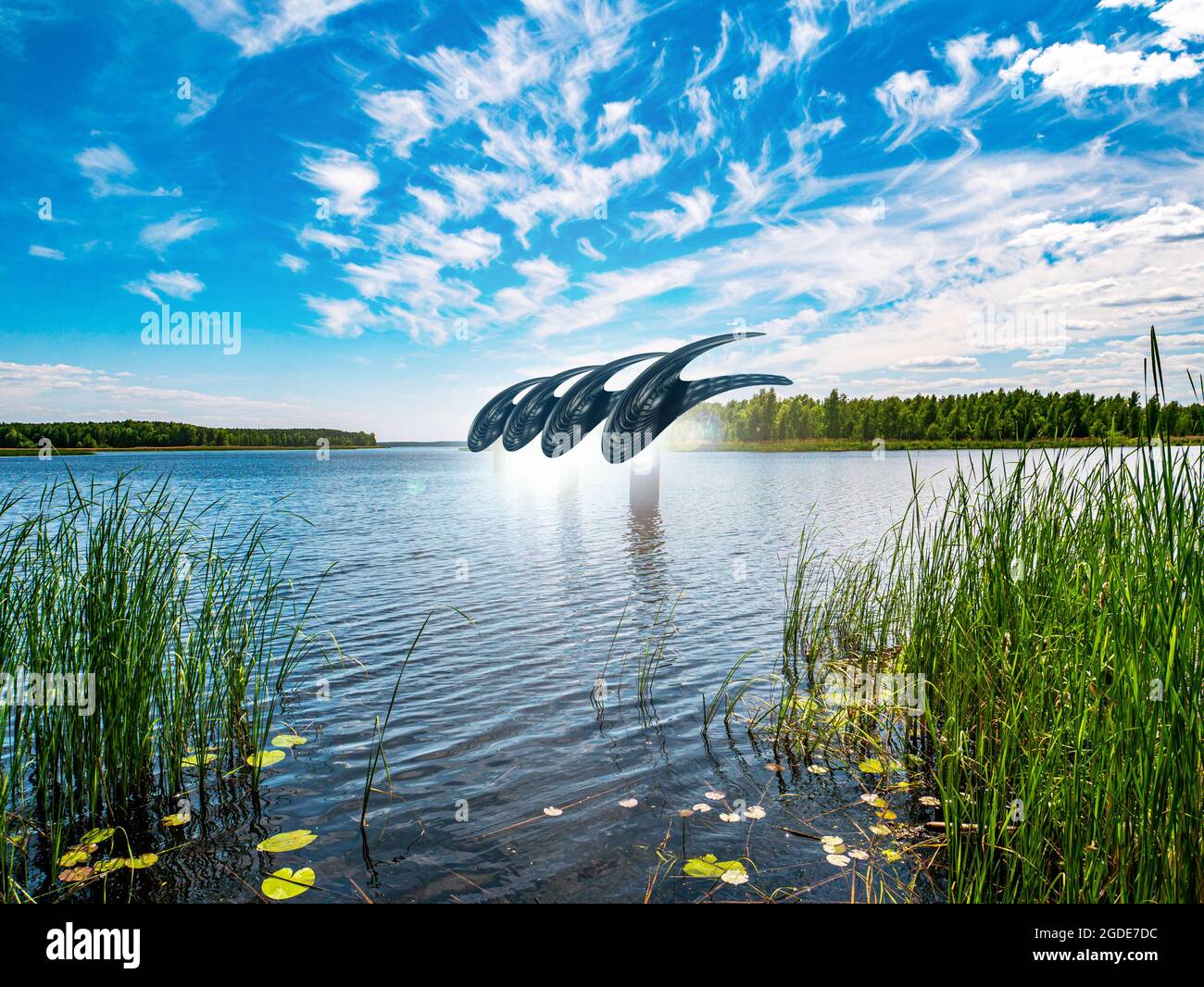 Alien spacecraft parking above the water surface of the river. UFO over ...