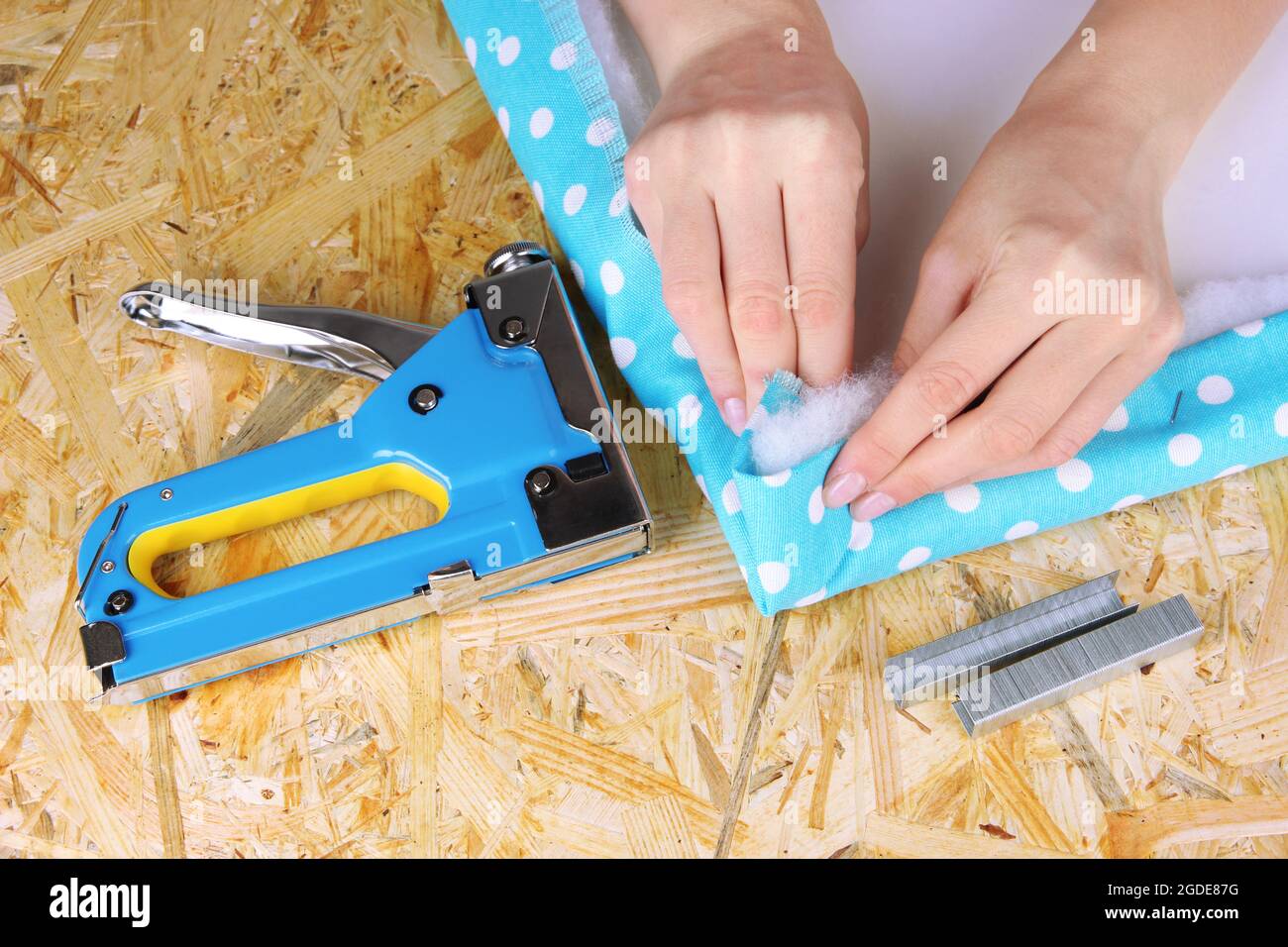 Fastening fabric and board using construction stapler Stock Photo Alamy