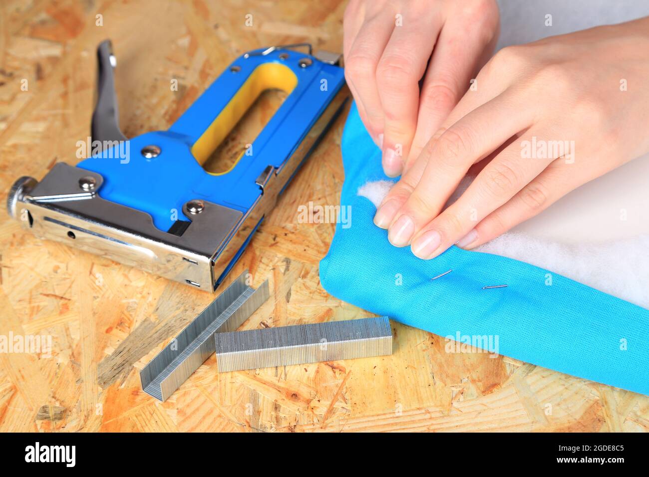 Fastening fabric and board using construction stapler Stock Photo Alamy