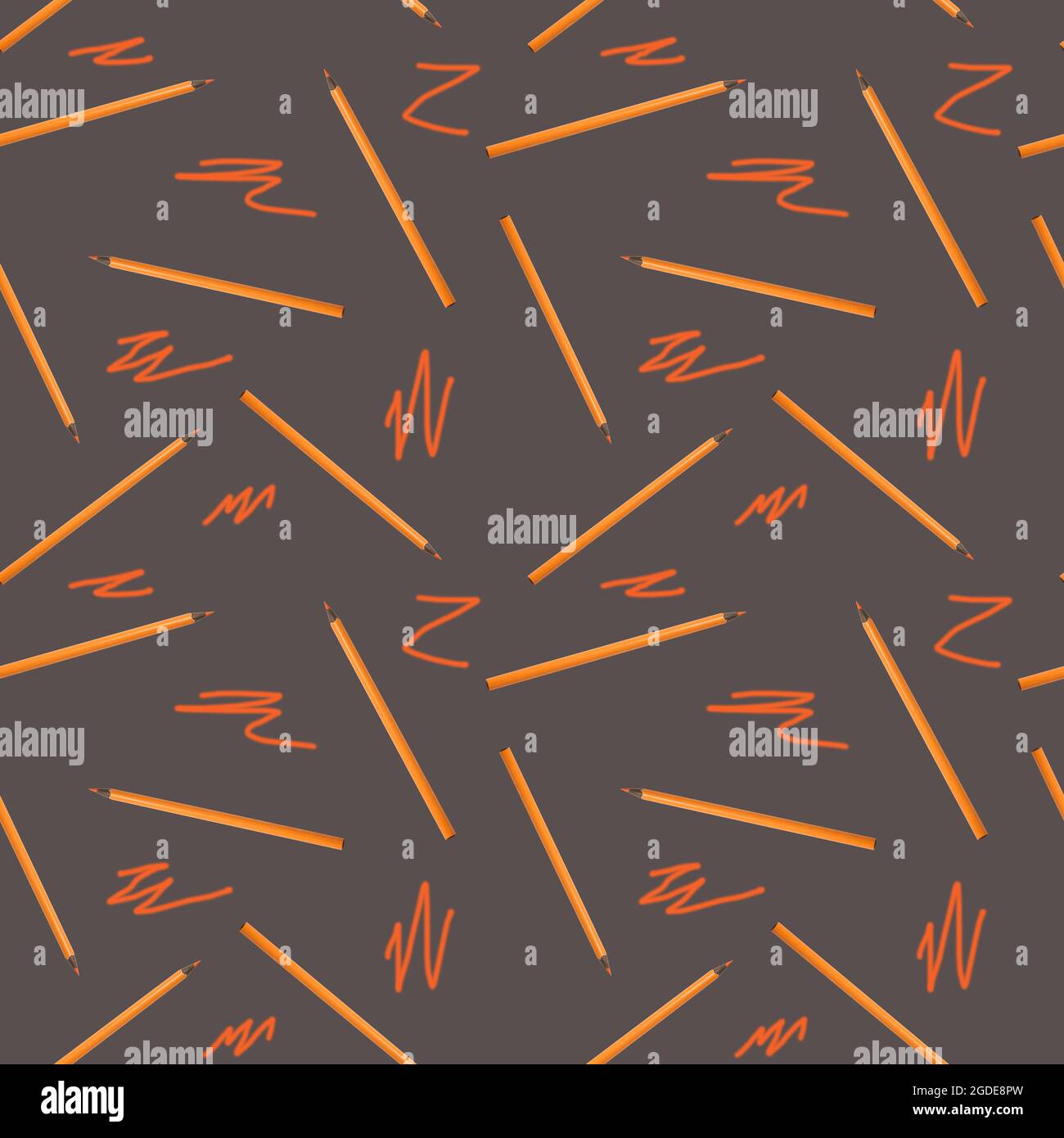 Seamless pattern with orange pencils on gray background. Stock Photo