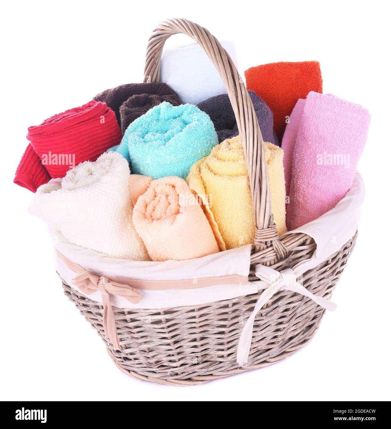 Colorful towels in basket isolated on white Stock Photo Alamy