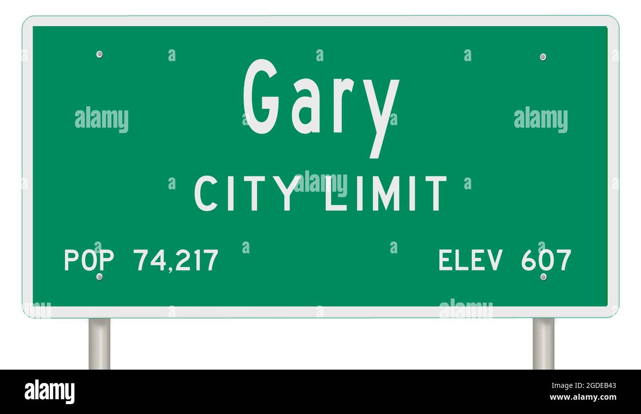Rendering of a green Indiana highway sign with city information Stock Photo