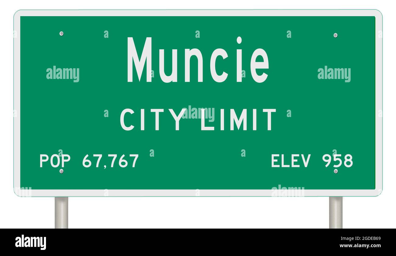 Rendering of a green Indiana highway sign with city information Stock Photo
