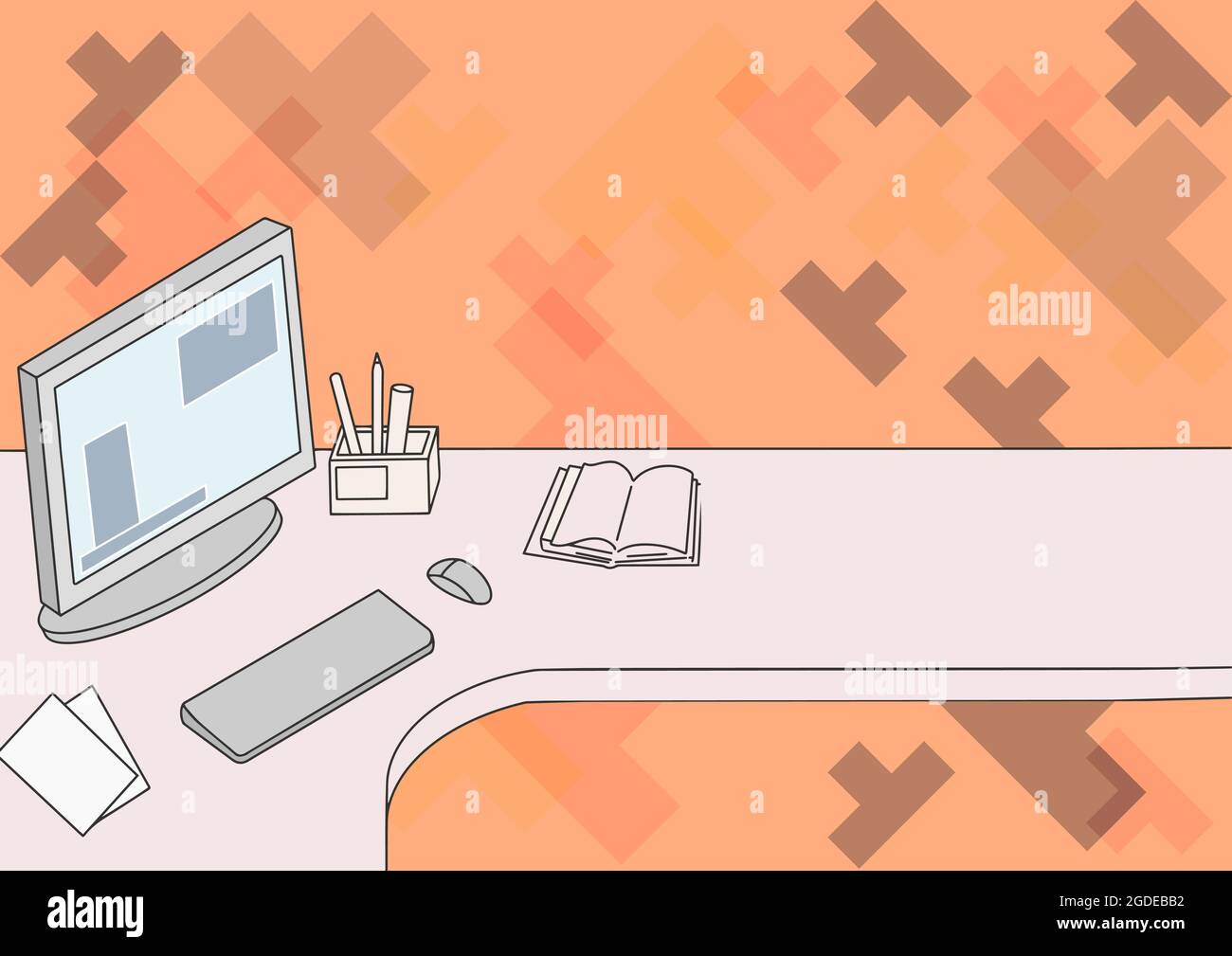 Office Desk Drawing With Computer Pen Holder And An Open Blank Notebook