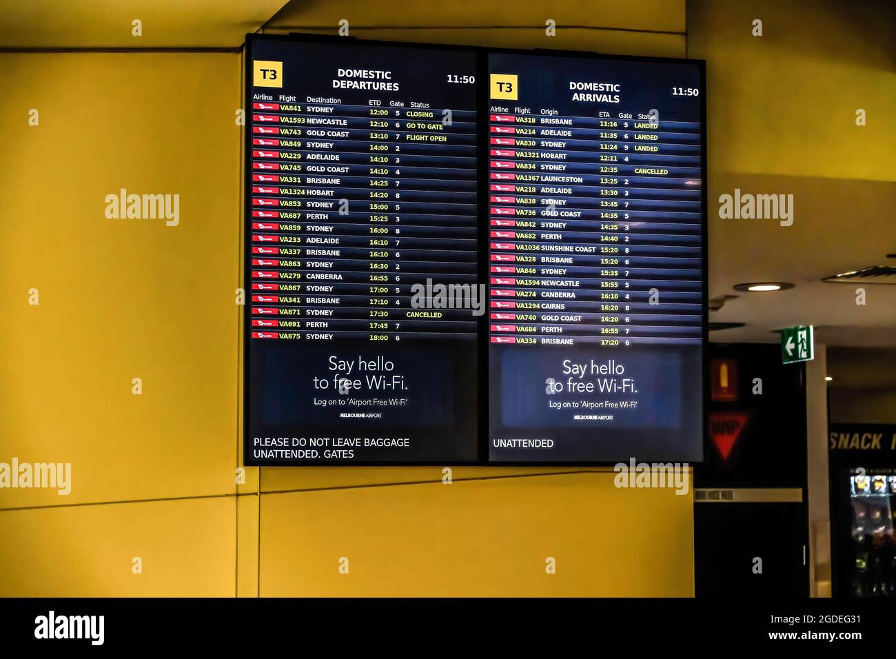 Domestic flights electronic display with scheduled flights at T3 Virgin Australia Terminal of