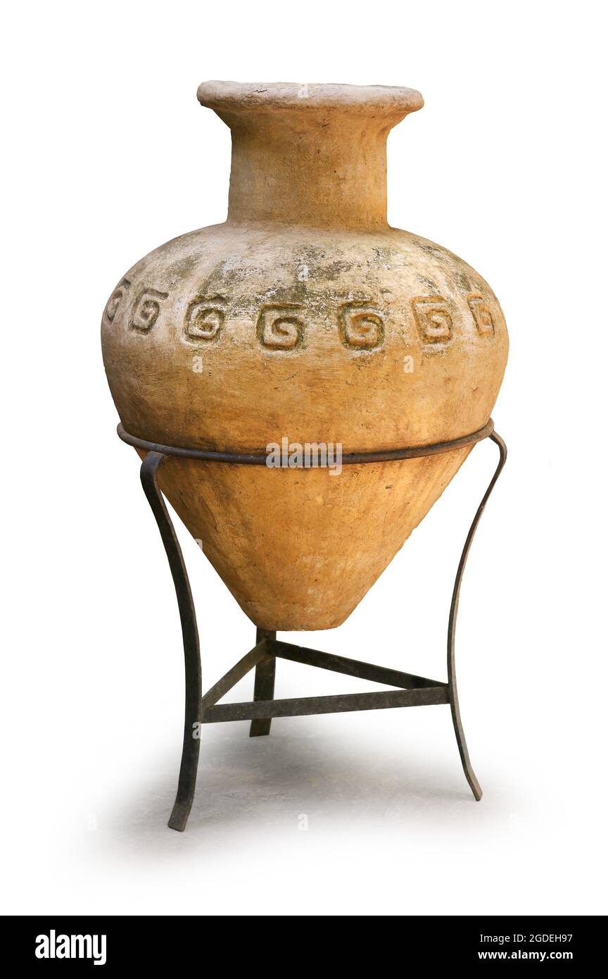 Old Greek amphora terracotta clay pot with iron support stand, isolated on white background, drop shadow Stock Photo