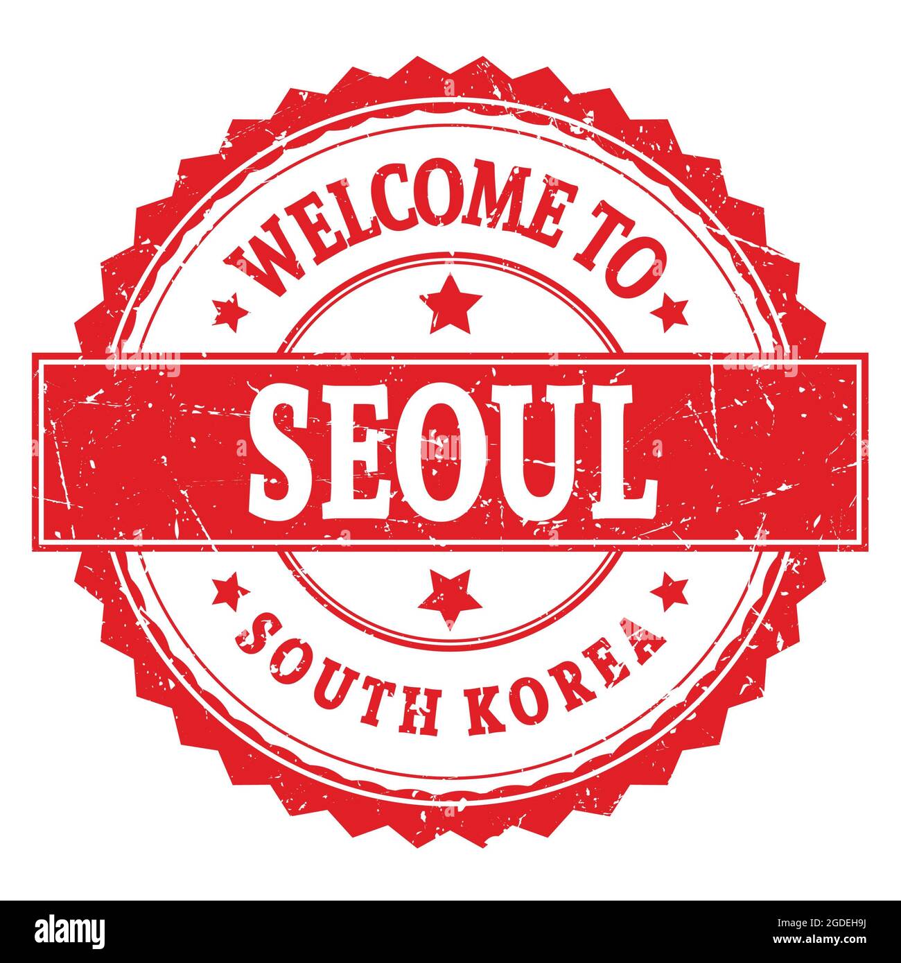 WELCOME TO SEOUL - SOUTH KOREA, words written on red round zig zag ...