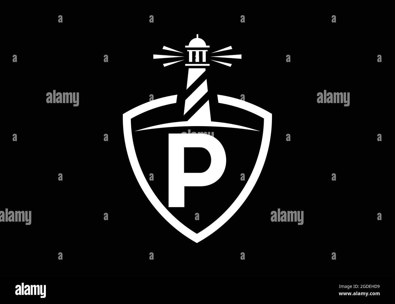Initial P monogram alphabet in a shield with the lighthouse. Harbor ...