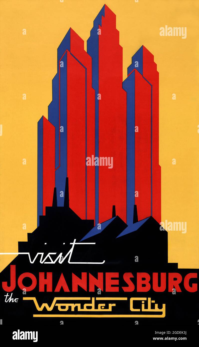 Visit Johannesburg the Wonder City. Artist unknown.Restored vintage poster published in the 1930s in South Africa. Stock Photo