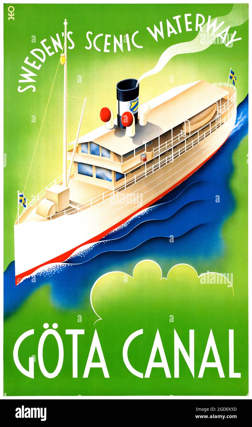 Göta Canal. Sweden's Scenic Waterway by Hans Erik Olsén (1911-1983). Restored vintage poster published in the 1936 in Sweden. Stock Photo