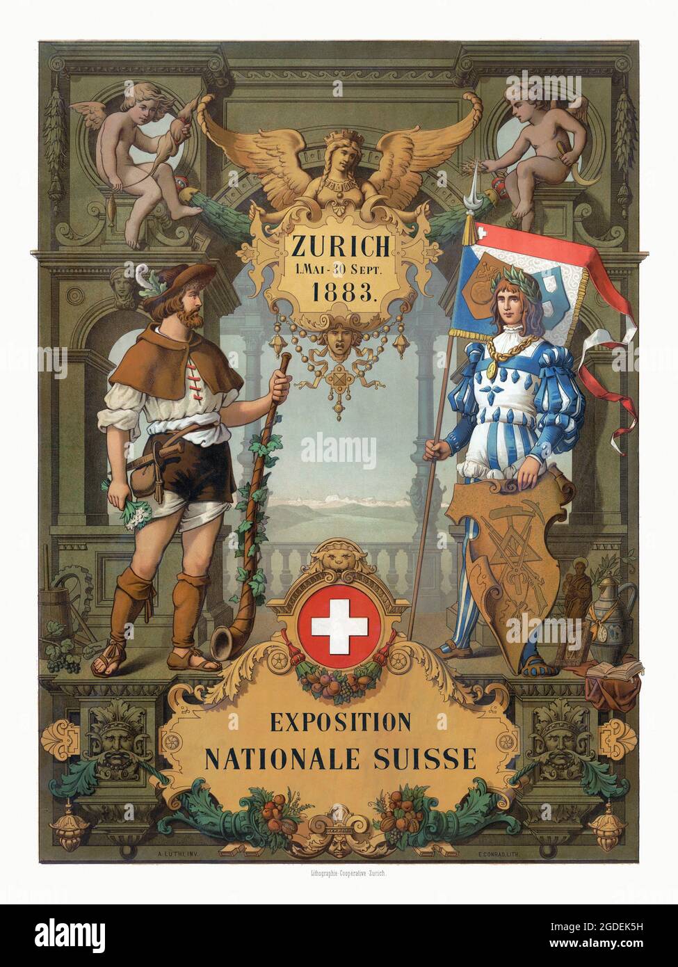 Zurich. Exposition Nationale Suisse by A Lüthi. Restored vintage poster published in 1883 in Switzerland. Stock Photo