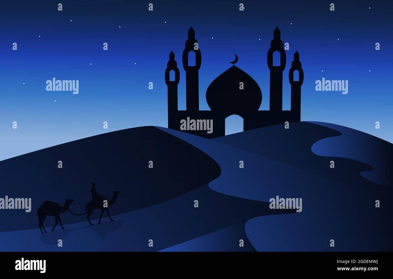 Night Arabic Desert Camel Caravan Muslim Islamic Culture Illustration Stock Vector