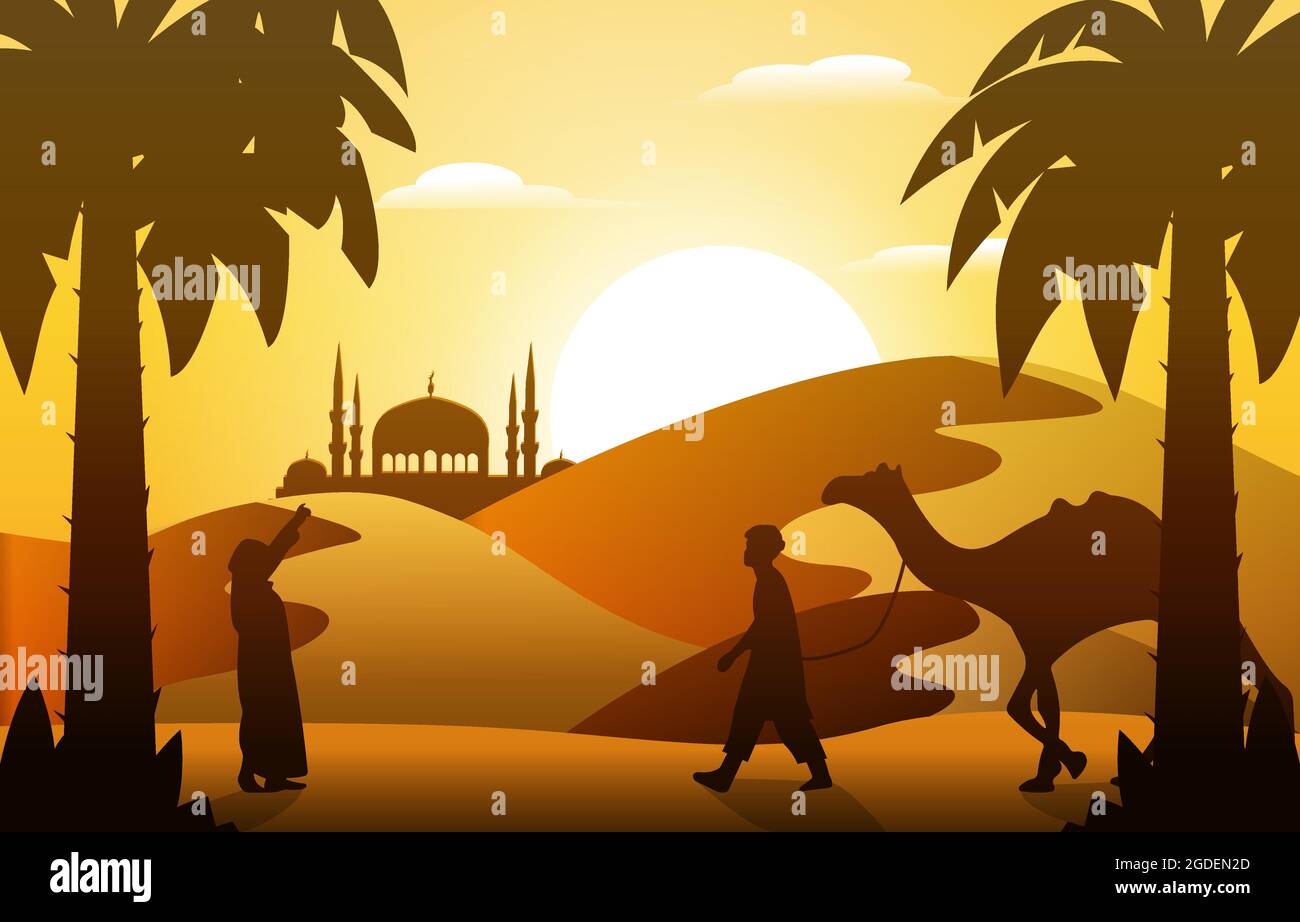 Sunset Arabic Desert Camel Caravan Muslim Islamic Culture Illustration Stock Vector