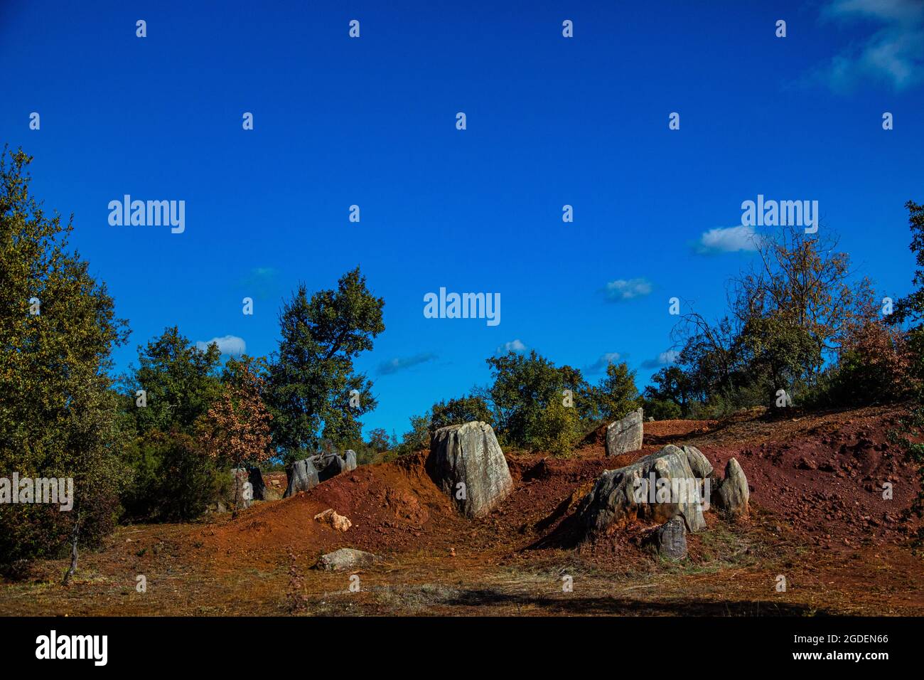 Natural park of eroded stone and red sand forest, with abandoned iron mine. Iron hill Stock