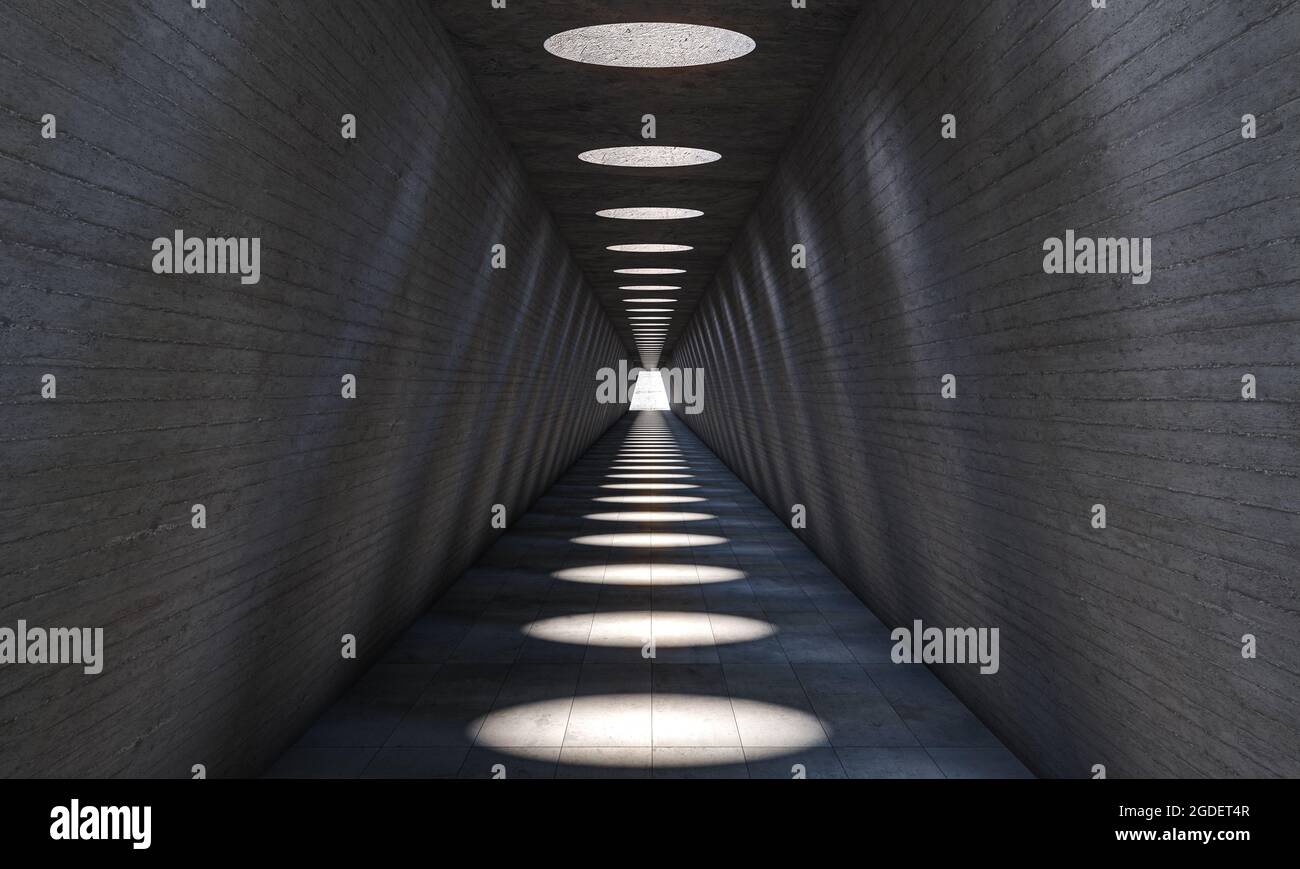 abstract architecture, long tunnel with circular holes in the ceiling for solar lighting. 3d render Stock Photo