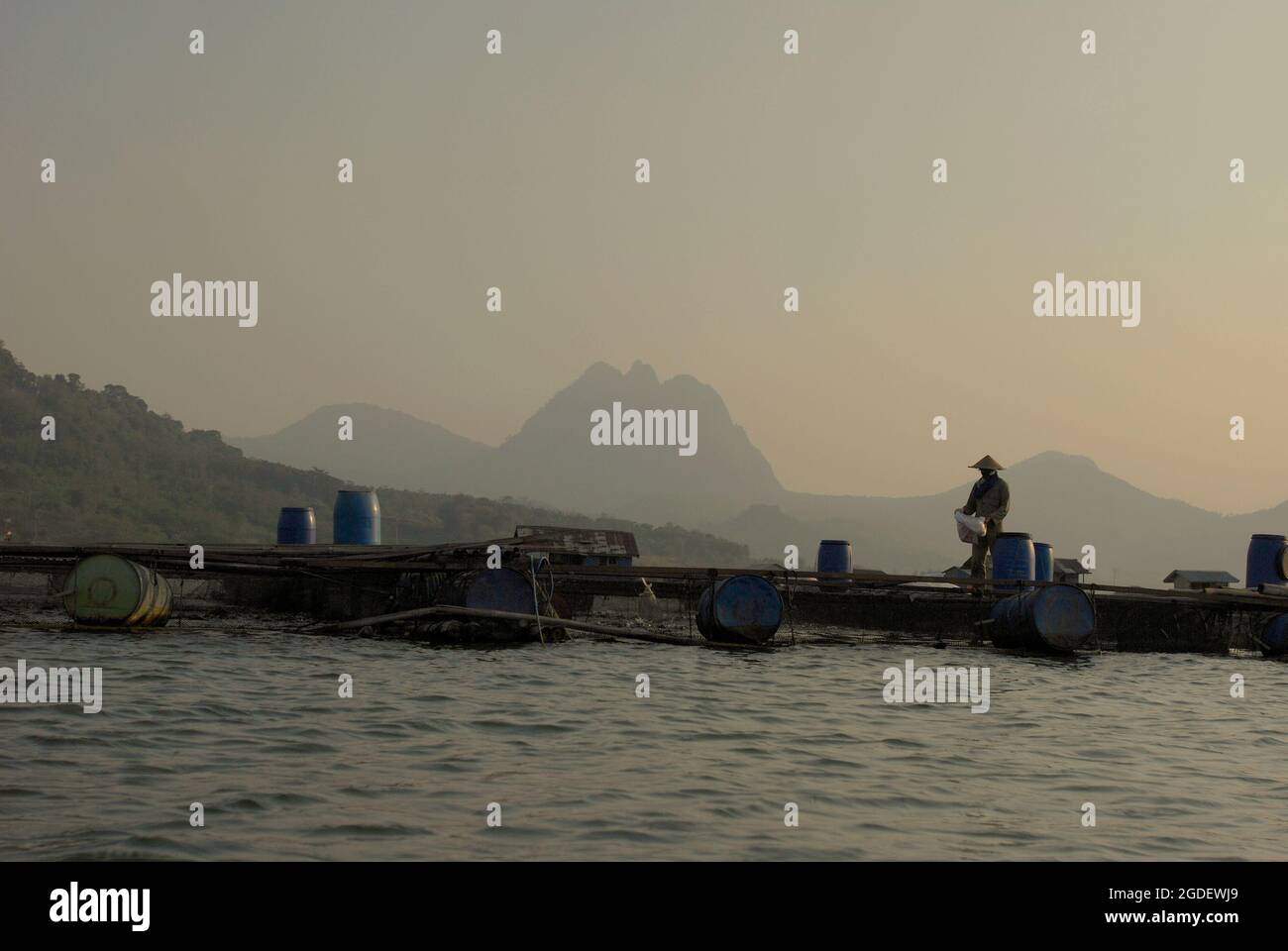 Floating village where people running freshwater fisheries on Jatiluhur dam in West Java, Indonesia. Stock Photo