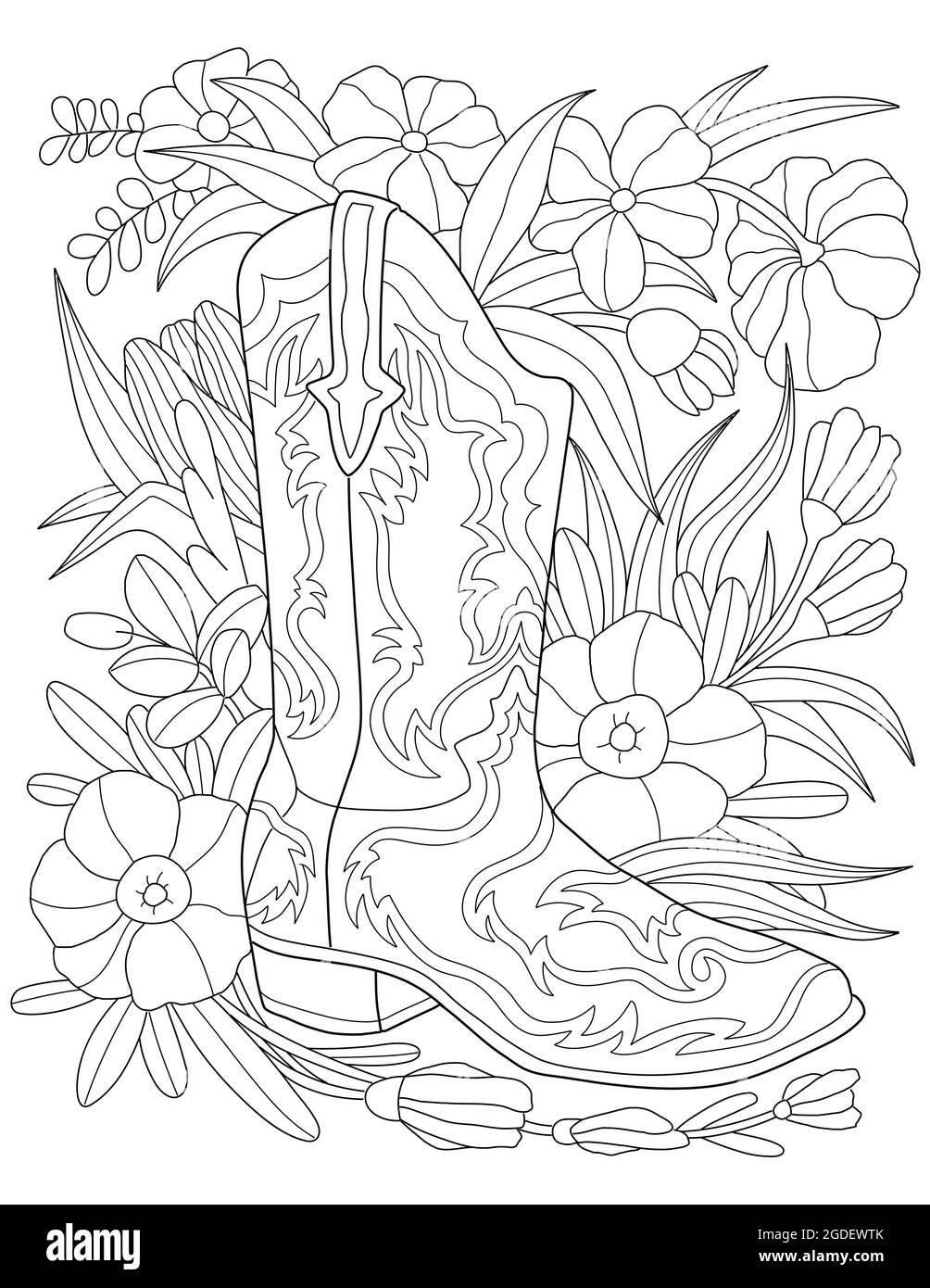 Single Boot Placed On A Flowery Background Colorless Line Drawing. One