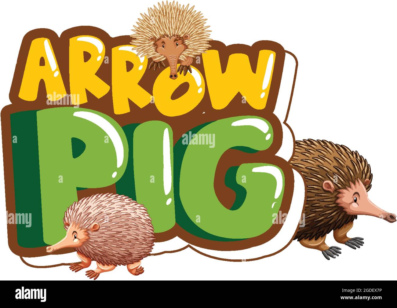 Arrow Pig font banner with many echidnas cartoon character isolated illustration Stock Vector