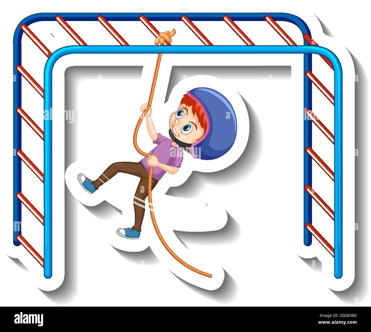 A boy hanging on rope cartoon sticker illustration Stock Vector